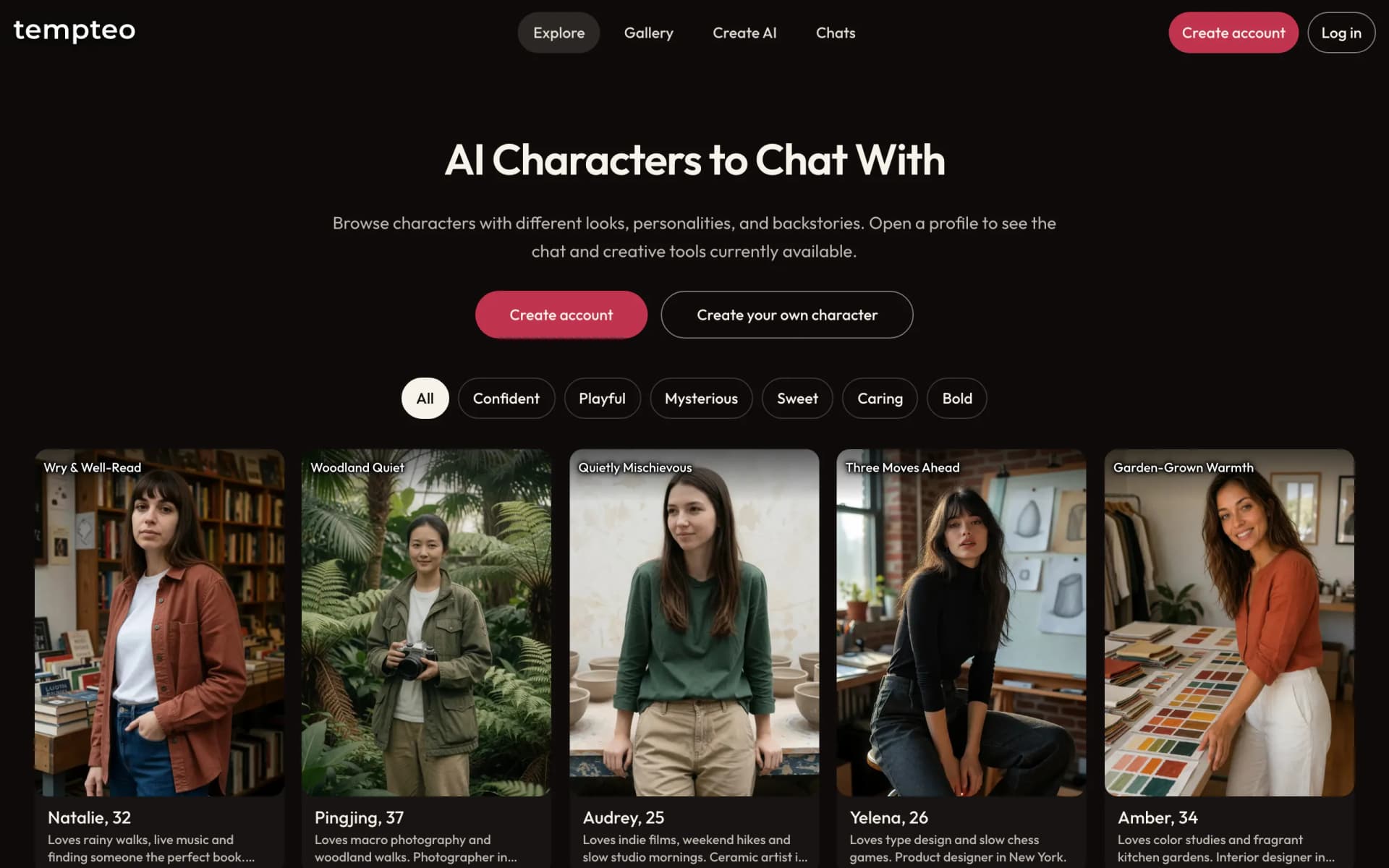 The tempteo character catalog with personality filters and character cards