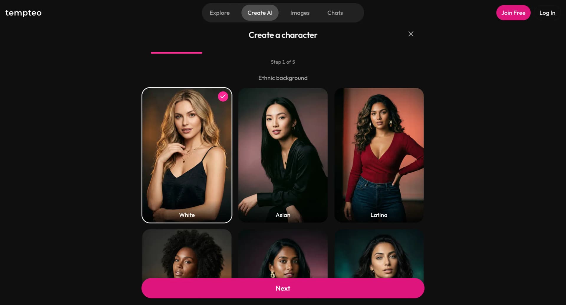 Tempteo character creation wizard showing appearance choices