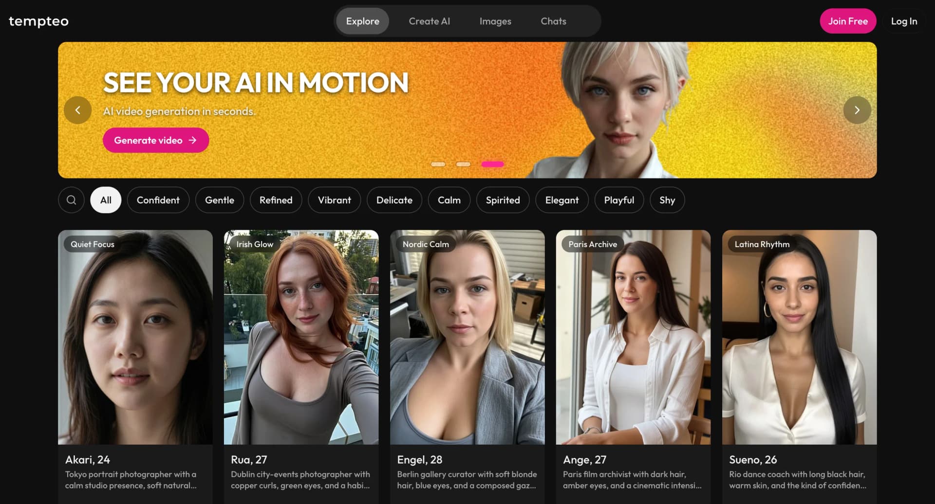 Tempteo character explorer with personality filters and character cards