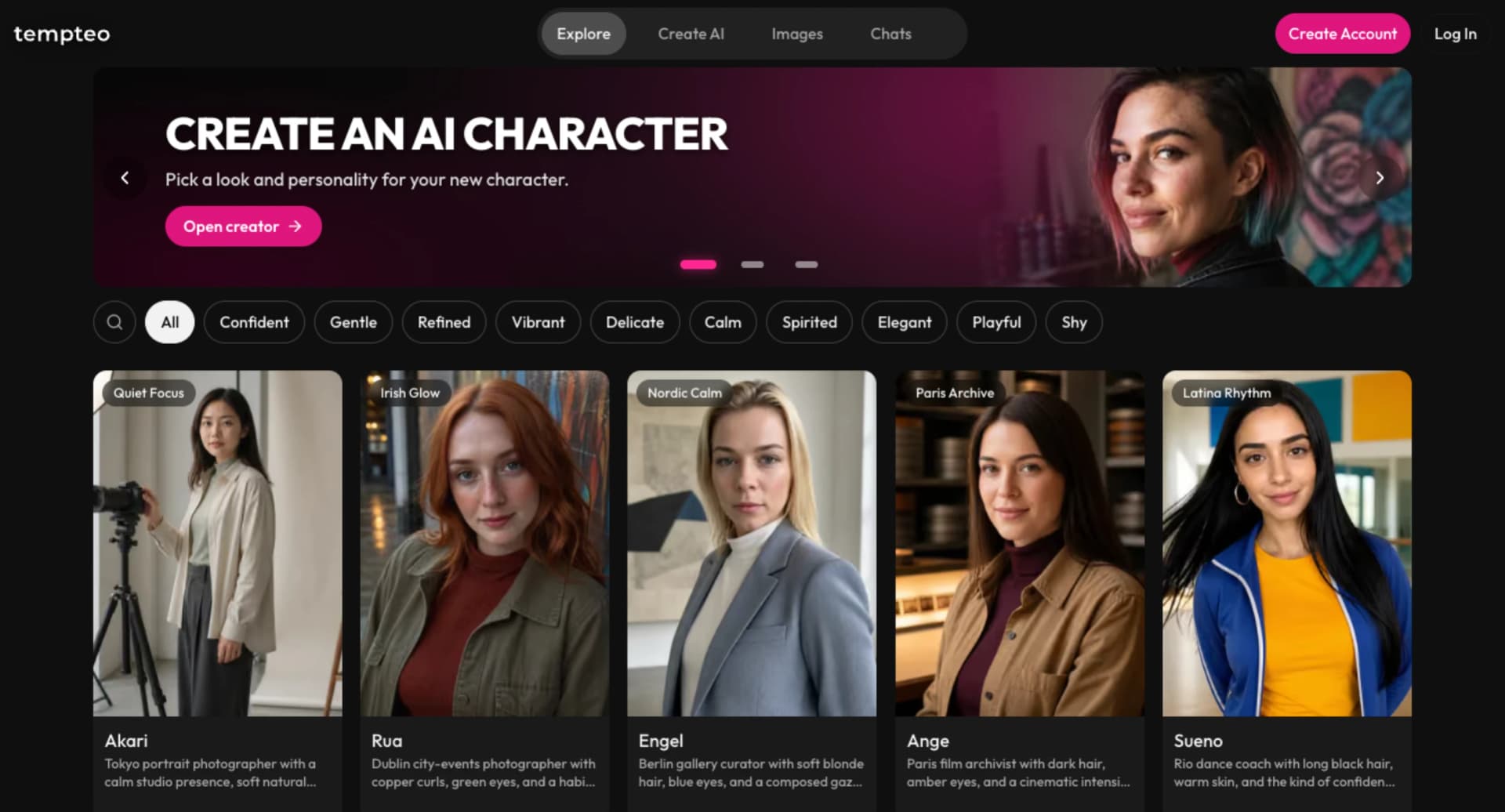 Tempteo character explorer with personality filters and character cards