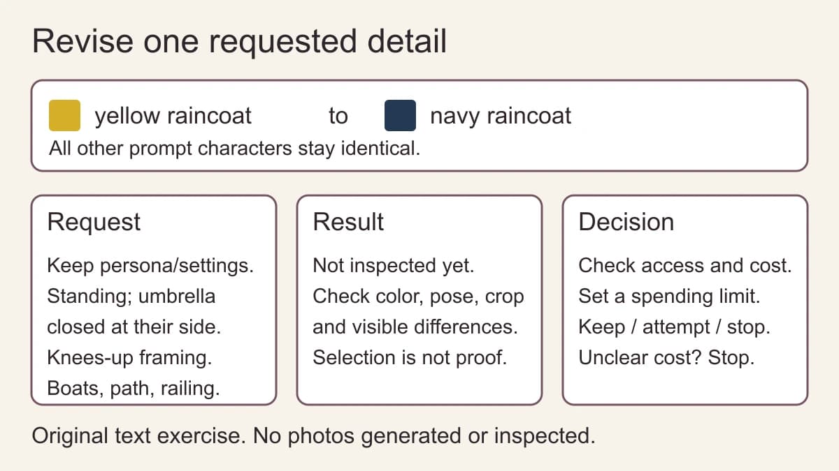 The text exercise replaces yellow raincoat with navy raincoat, keeping all other prompt characters identical. Record the request, leave results not inspected until an image is checked, and decide within a spending limit.