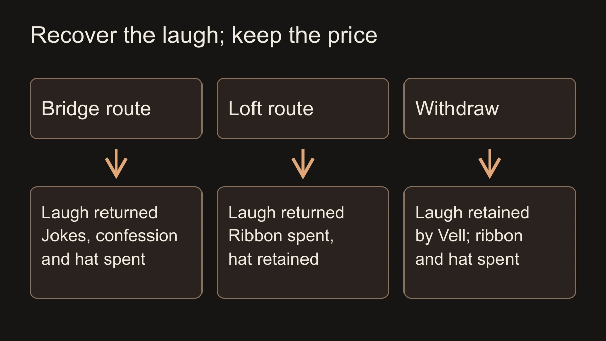 The bridge recovery spends jokes, a confession and a hat. The loft recovery spends the ribbon and keeps the hat. A separate withdrawal leaves the laugh with Vell and spends ribbon and hat.