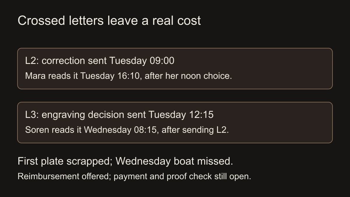Soren sends L2 on Tuesday at 09:00, before Mara engraves at noon and sends L3 at 12:15. Mara reads L2 at 16:10; Soren reads L3 Wednesday at 08:15. The plate and boat losses persist.