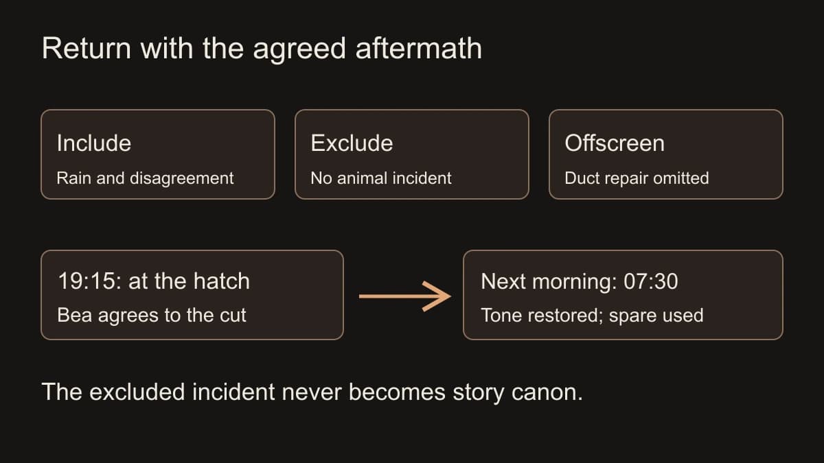 The agreement includes rain and disagreement, excludes animal incidents entirely and keeps the duct repair offscreen. Bea authorizes a cut at 19:15. At 07:30 the next morning the tone is restored and the spare is used.
