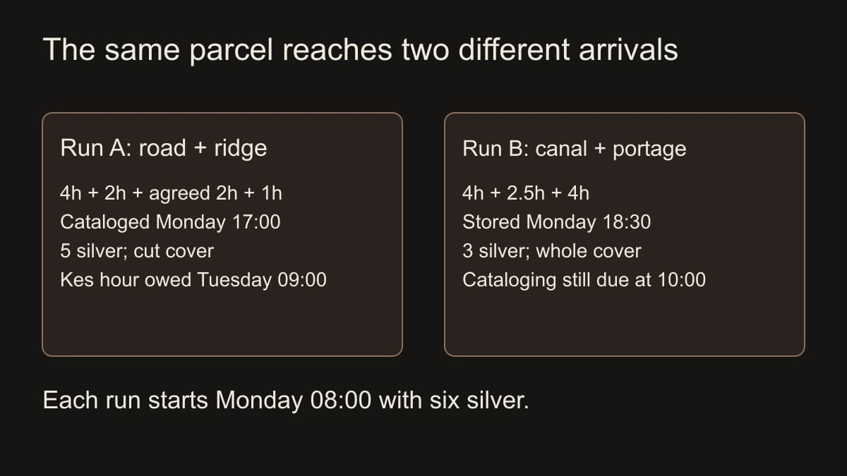 Run A takes four road hours, two climb hours, an agreed two-hour sledge descent and one final hour, arriving at 17:00 for cataloging with five silver and a labor debt. Run B arrives at 18:30 for storage with three silver.