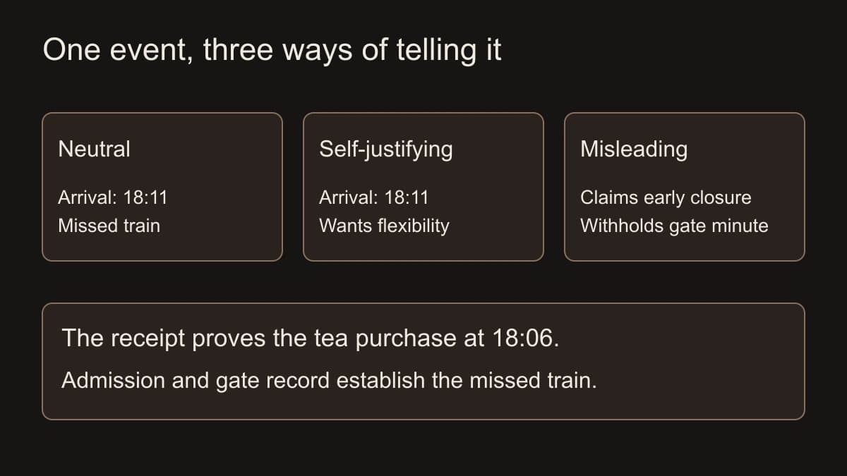 The same missed train is told neutrally, self-justifyingly and misleadingly. The receipt proves a tea purchase at 18:06; Felix admits arrival at 18:11, and the gate record shows closure at 18:10.