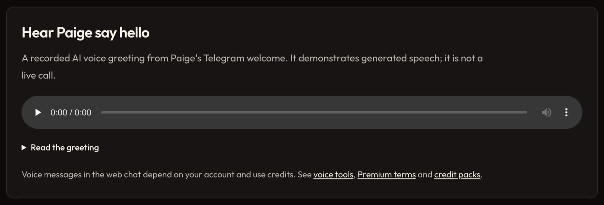 The recorded voice greeting on Paige's tempteo profile, with an audio player